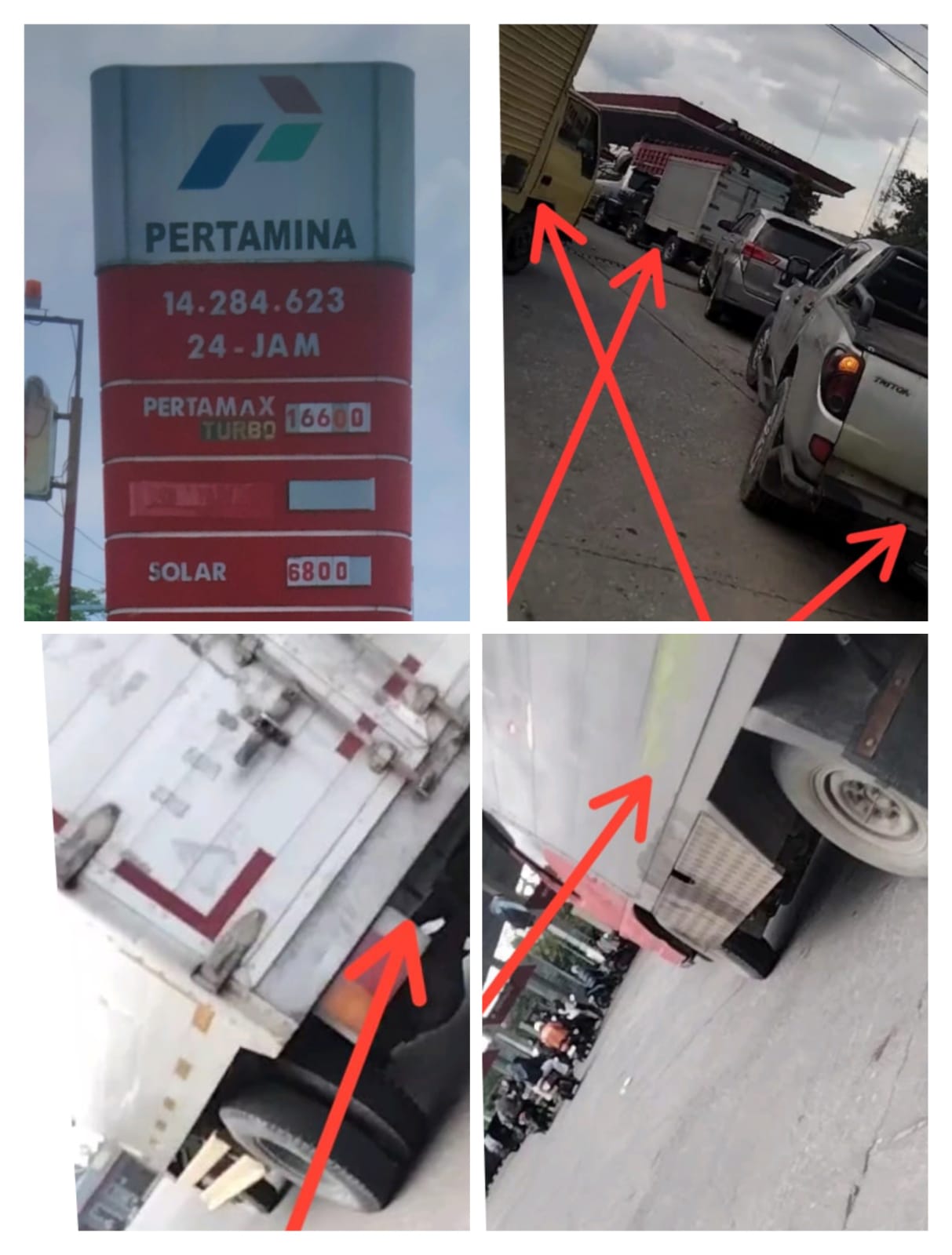 Ket foto. Garis panah merah menunjukkan mobil pelangsir yang tengah mengantri disela sela mobil lainnya dengan mengisi berulang kali di jalur pompa bio solar pada SPBU 14.284.623